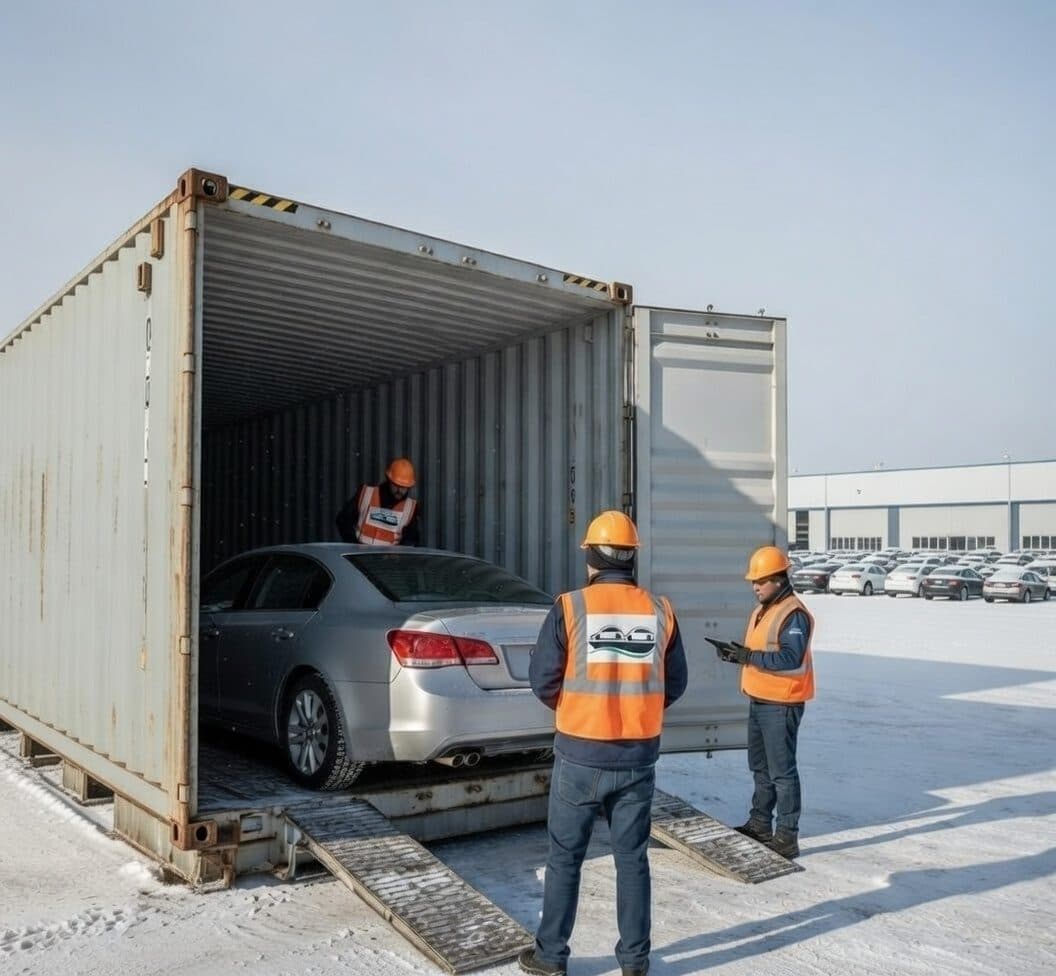 Equipo de PortCanam cargando un vehículo en contenedor en Montreal